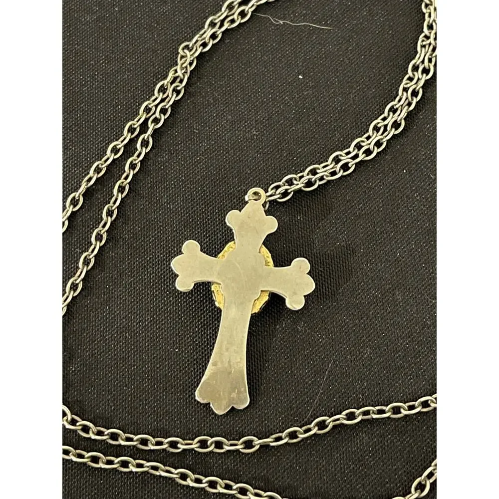 Long Cross Necklace Turquoise Color Stone Silver Tone‎ Chain Boho Faith 33”